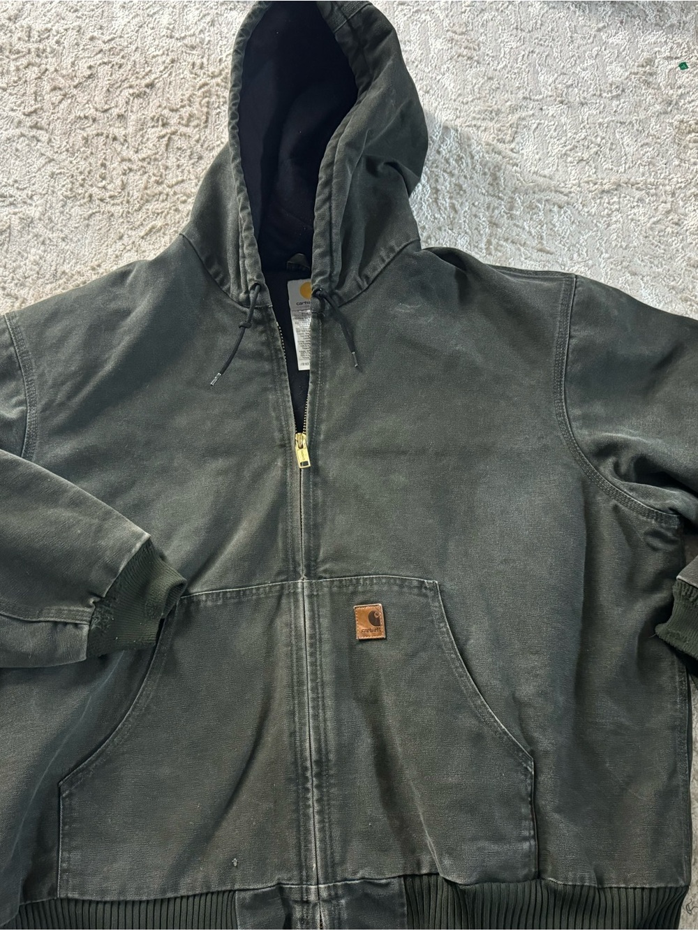 Carhartt Men's Hooded Work Jacket in Dark Green with Brown Patch